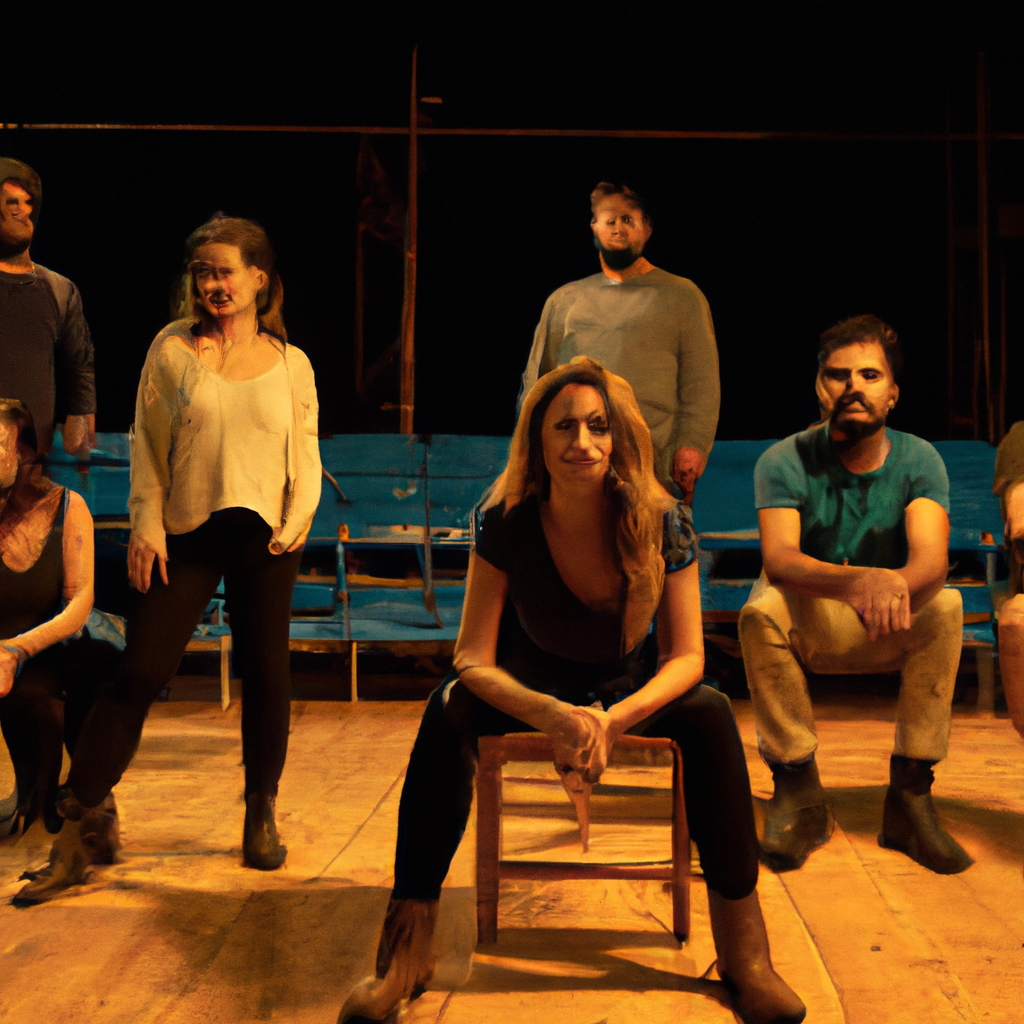 Sala de ensayo en Santiago, grupo de actores en círculo bajo luces cálidas